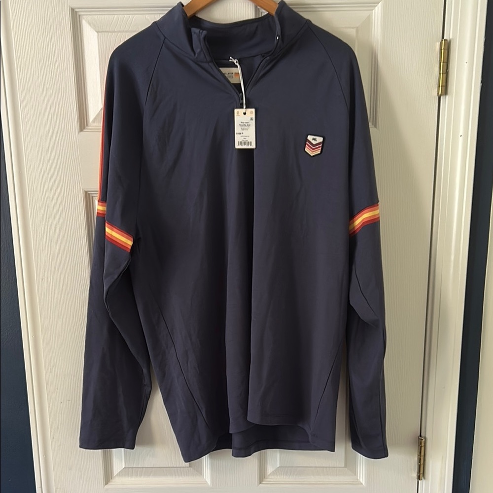 Marine Layer Navy Quarter-Zip Sweatshirt with Red and Yellow Stripes